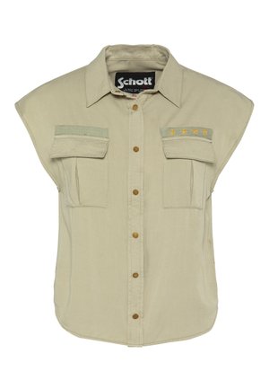 Bežinis trumpomis rankovėmis marškiniai su apykakle, turintys dvi krūtinės kišenes, auksinę žvaigždučių siuvinėjimą ir rudas sagas priekyje.