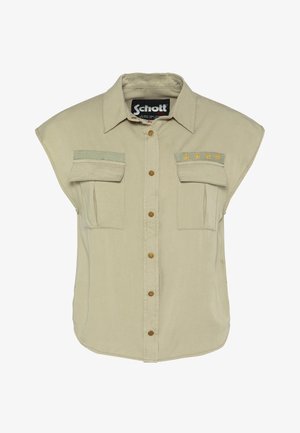 Vaaleanbeige lyhythihainen paita, jossa on kaulus, kaksi rintataskua, kultaisia tähtiä brodeerattuna ja ruskeat napit edessä.