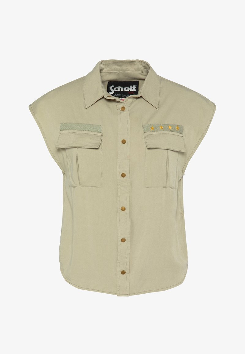 Beige short-sleeve shirt with a collar, featuring two chest pockets, gold star embroidery, and brown buttons along the front.