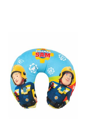 U-shaped travel neck pillow with Fireman Sam characters wearing firefighter uniforms and helmets on a blue background.