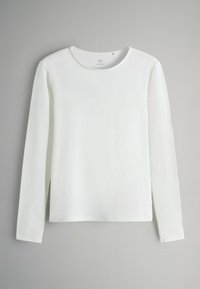Weißes Langarmshirt mit rundem Halsausschnitt, aus weichem Baumwollmaterial und lässiger Passform. Minimalistisches Design ohne sichtbare Muster oder Akzente.
