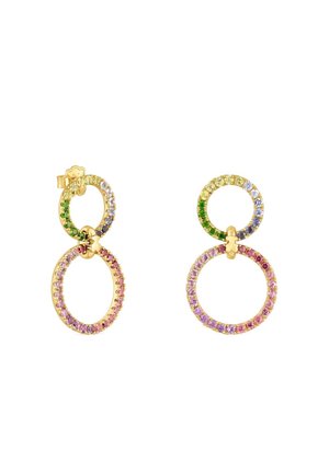 Boucles d'oreilles doubles en or ornées de pierres précieuses vertes, jaunes, violettes et roses dans un design circulaire relié.