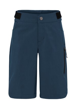 Marineblauwe knielange korte broek met verstelbare klittenband tailleband, knoopsluiting, zijzakken en een ritssluiting zak op het rechterbeen.