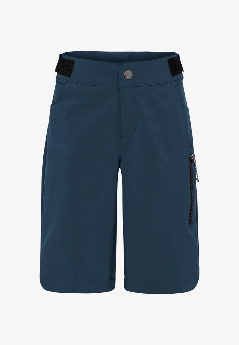 Shorts bleu marine longueur genou avec ceinture réglable en Velcro, fermeture à bouton, poches latérales et poche zippée sur la jambe droite.
