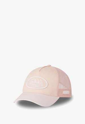 Helles rosaner Von Dutch Baseballcap mit weißem gesticktem Logo auf der Vorderseite und Netzpanels an den Seiten und hinten.