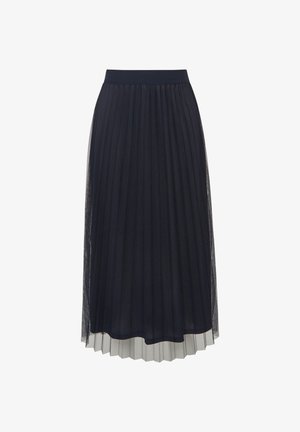 Czarna plisowana spódnica midi z fakturowanej tkaniny, z elastycznym pasem i przezroczystą warstwą na gładkiej podszewce.