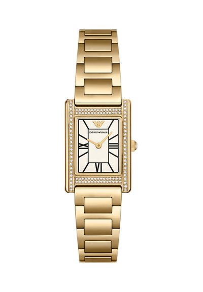 Rechteckige Uhr in Goldton mit mit Kristallen besetzter Lünette, weißem Zifferblatt, schwarzen römischen Ziffern und goldfarbenem Metallgliederarmband.