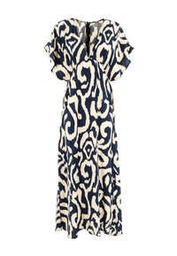 Abito a fantasia navy e crema, caratterizzato da una profonda scollatura a V, maniche a palloncino e una silhouette svasata realizzata in tessuto leggero.