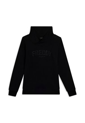 Felpa nera con colletto alto, maniche lunghe e un logo lucido "FREDDY" decorato con piccoli strass sulla parte anteriore.