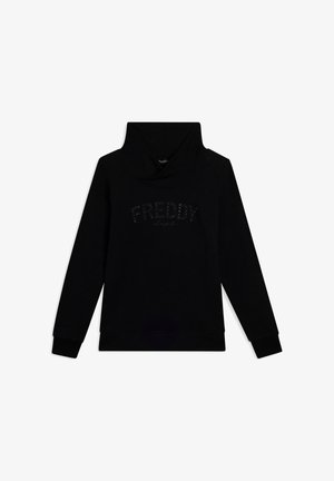 Sudadera negra con cuello alto, mangas largas y un logo "FREDDY" brillante adornado con pequeñas tachuelas en el frente.