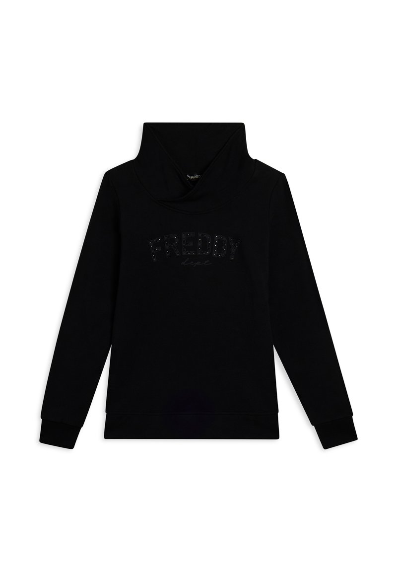 Felpa nera con colletto alto, maniche lunghe e un logo lucido "FREDDY" decorato con piccoli strass sulla parte anteriore.