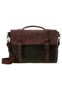 Sac messager en toile vert foncé avec un rabat en cuir marron, doté de deux sangles, de ferrures en laiton et d'une poignée pour un transport facile.