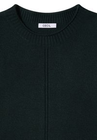 Maglione verde scuro con scollo a girocollo a costine, dotato di un dettaglio cucitura frontale e un'etichetta con la scritta "CECIL". Morbido tessuto lavorato a maglia.