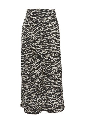 Zwart-wit gemusterde midi rok van zachte stof, met een tailleband, knopen aan de voorkant en een vloeiende silhout. 