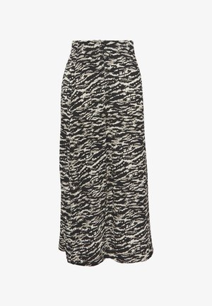 Zwart-wit gemusterde midi rok van zachte stof, met een tailleband, knopen aan de voorkant en een vloeiende silhout.