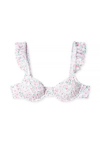 Blommig bikinitopp med rosa och gröna mönster, rynkad design och volangärmar. Materialet är lätt och elastiskt.