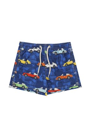 Costume da bagno blu con fantasie colorate di automobili cabrio e fascia in vita con coulisse bianca su sfondo bianco.