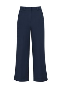 Pantalons ample bleu marine en tissu lisse, avec une taille haute, des poches avant et des plis pressés à l'avant. Pas de motifs visibles.