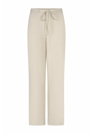 Beige losse broek met elastische tailleband en vooraan trekkoord, rechte pijpen, zonder zichtbare zakken of versieringen.