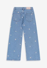 Lichtblauwe denim wide-leg jeans hebben overal witte bloemenborduursels, vijf zakken en een effen tailleband met een merklabel.