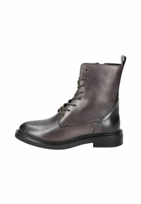 Bottines en cuir gris foncé avec une finition lisse, bout rond, laçage à l'avant et une semelle en caoutchouc noir robuste. Présentant des détails de couture sur les côtés.