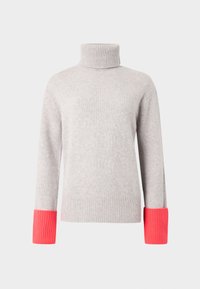 Γκρι πουλόβερ με ζιβάγκο από μαλακό υλικό, με ριμπ μανσέτες σε έντονο ροζ χρώμα. Απλός σχεδιασμός με μακριά μανίκια και άνετη εφαρμογή.