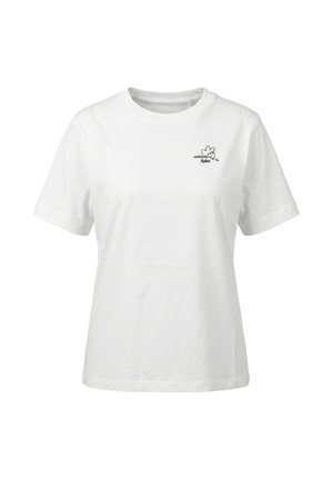 Weißes T-Shirt mit kurzen Ärmeln und einer kleinen schwarzen Linienzeichnung eines Herzens und Vogels neben dem Text "vernünftiges Huhn" auf der linken Brustseite.