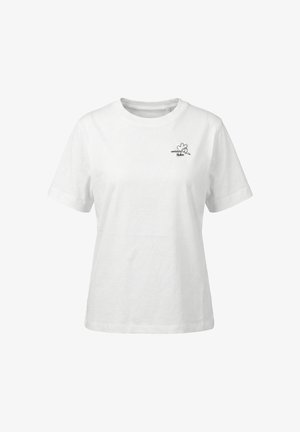 Balta T-krekls ar īsām piedurknēm, uz kreisās krūšu puses ar melnas līnijas zīmējumu - sirdi un putnu blakus tekstam "vernünftiges Huhn".