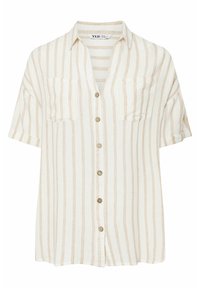 Lätt skjorta med knäppning och korta ärmar, krämfärgat tyg med tunna beige vertikala ränder, två bröstfickor och krage.