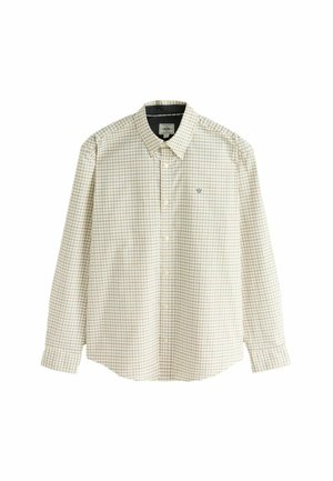 Camisa de manga larga con cuello, que presenta un sutil patrón de cuadros con líneas azules y naranjas, y un pequeño logo bordado en el pecho.