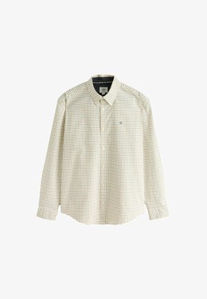 Svijetla karirana košulja od pamuka, s okovratnikom na gumbe, dugim rukavima i malim plavim logotipom na prsima.