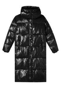 Černá péřová bunda z lesklého materiálu, s vysokým límcem, dlouhými rukávy, horizontálně prošívanými sekcemi a bočními kapsami na zip.