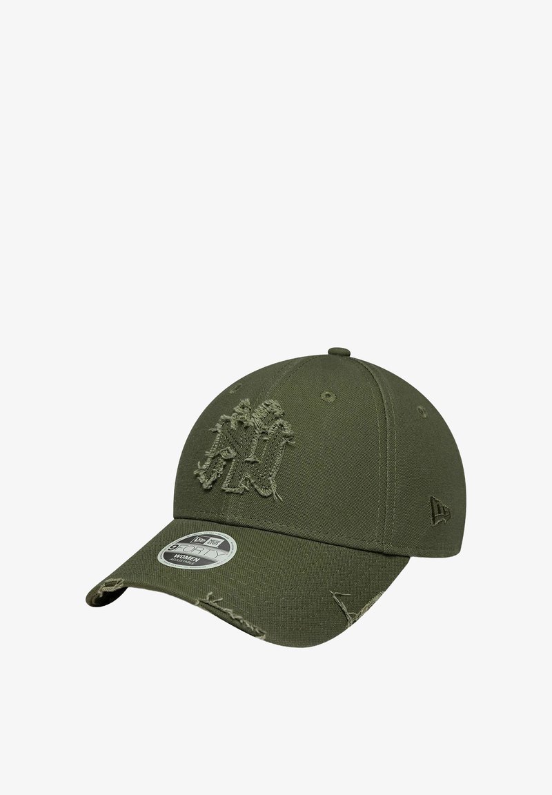 Olive green cap made of cotton with an embroidered logo on the front, curved brim, and distressed accents on the visor and seams.
