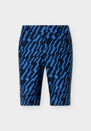 Pantaloncini a fantasia blu e nera fino al ginocchio con bottone e passanti per cintura, esposti su uno sfondo chiaro uniforme.