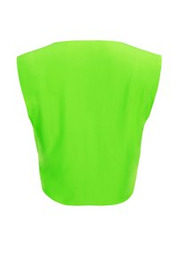 Fluorescentno zeleni prsluk s labavim krojem i širokim ramenima. Glatka tekstura bez vidljive opreme ili uzoraka.