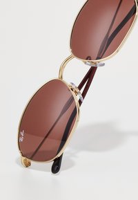 Na sunčanim naočalama Ray-Ban sa zlatnim okvirom, smeštenim na beloj pozadini, su smeše smeđe obojene leće, jastučići za nos i tamnosmeđi držači.