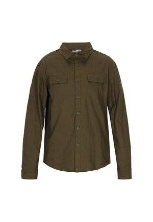 Olivengrünes Langarm-Hemd aus Baumwolle mit Knopfleiste. Verfügt über zwei Brusttaschen, einen Kragen und einen geraden Saum.