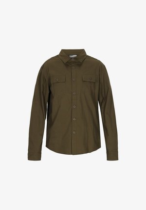 Oliivinvihreä pitkähihainen nappipaita, joka on valmistettu puuvillasta. Siinä on kaksi rintataskua, kaulus ja suora helma.