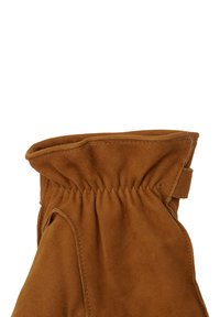 Brown suede glove featuring a gathered cuff, smooth texture, and a single strap accent. Suitable for cold weather use.