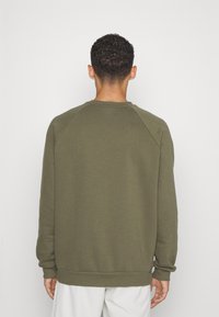 Olivgrüner Sweatshirt, Rundhalsausschnitt, Raglanärmel, gerippte Bündchen und Saum, glatte Textur, einfaches Design ohne Muster oder Akzente.