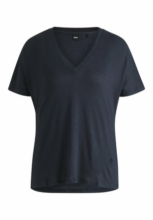 Navy v-neck t-shirt made of soft fabric. Short sleeves, relaxed fit, slight sheen, featuring a small logo at the hem.