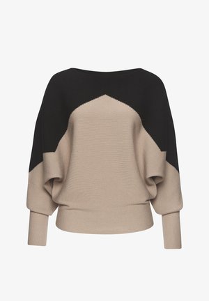 Strickpullover mit weitem Ausschnitt und überschnittenen Schultern, im Farbblockdesign aus schwarzem und beigem Strukturstoff.