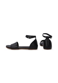 Schwarze Ledersandalen mit flacher Sohle, offenen Zehen und Knöchelriemen. Minimalistisches Design mit genähten Akzenten und einer glatten Textur.