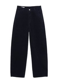 Mornarsko modre kordaste hlače s širokimi nogami, z vertikalnim ribanjem, dvema stranskima žepoma in gumbom za zapiranje na pasu.