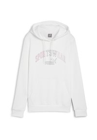 Sudadera blanca con bolsillo tipo canguro, con la impresión de "SPORTSWEAR" y el logo de Puma en rosa y gris. Fabricada con una tela suave y con capucha.