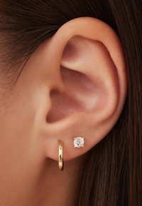 Boucle d'oreille en or et petite puce en cristal rond dans une oreille percée. Texture lisse avec des finitions brillantes et des accents de gemmes transparentes.