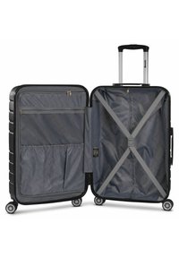 Valigia rigida nera con manico retrattile, interno grigio, scomparti con zip e cinghie elastiche per un imballaggio sicuro. Quattro ruote.