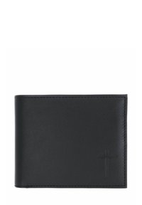 Portefeuille en cuir noir avec une texture lisse, design pliable en deux, et logo en relief subtil sur le devant. Couture soignée le long des bords.