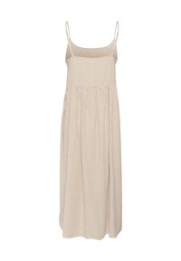 Randig spaghetti strap klänning i beige och kräm, med fyrkantig halsringning och en rynkad midja för en lös, flödande passform.