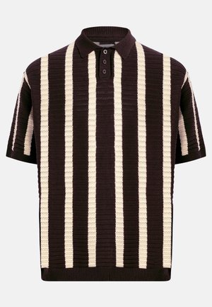Gebreide polo met korte mouwen, verticale zwarte en crèmekleurige strepen en een kraag met drie knopen.